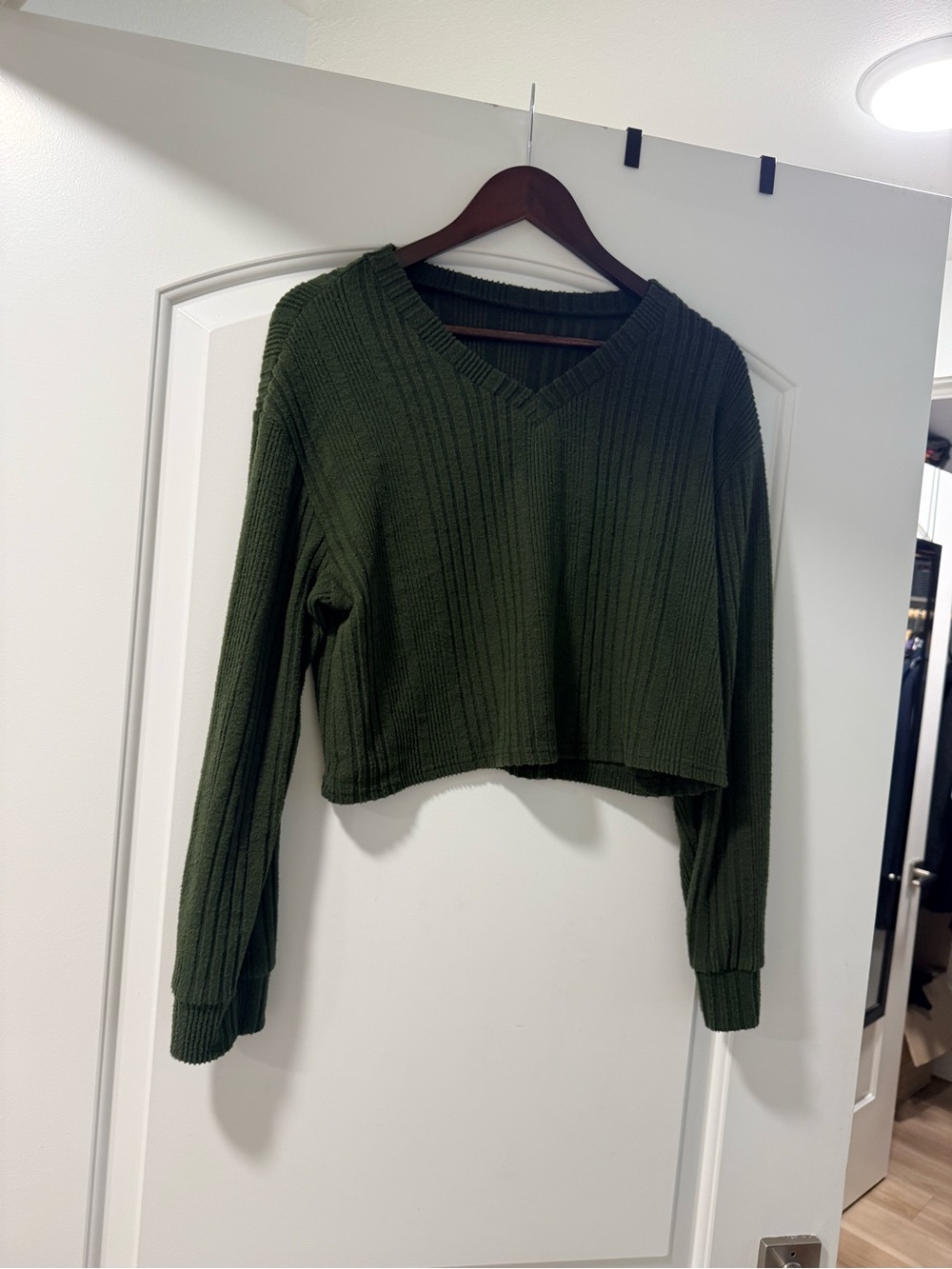 Cropped Olive Green Ribbed V-Neck Sweater